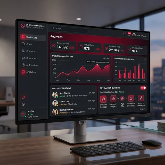 SuperCRM analytics dashboard with campaign and message statistics on a desktop monitor