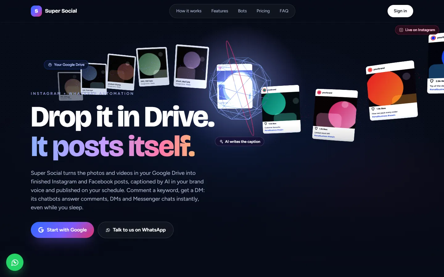 SuperSocial home page: drop photos in Google Drive and they post themselves